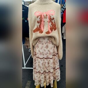 Floral Beige Skirt, with beige cowboy sweater.